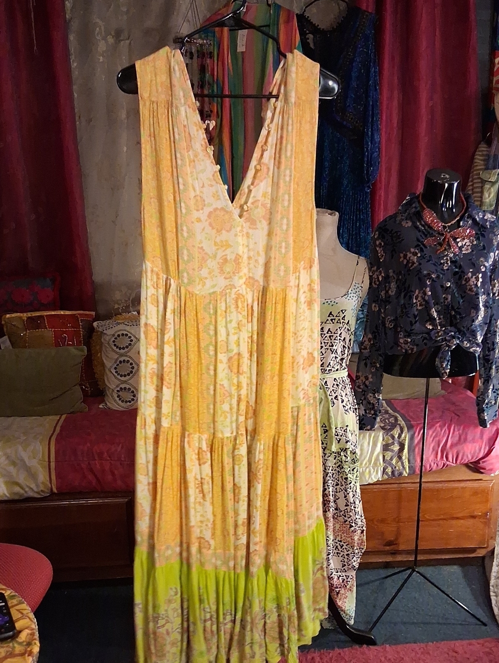 Free People Yellow Floral Maxi Dress with Lime Hem